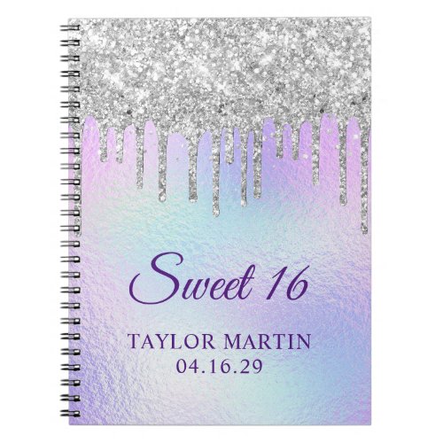Silver Glitter Drips Iridescent Sweet 16 Guest Notebook