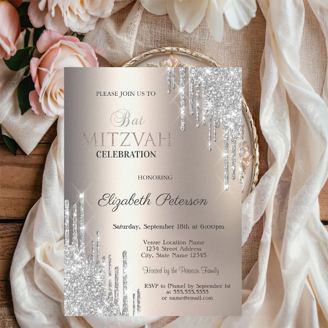 Silver Glitter Drips Ivory Metallic Bat Mitzvah Invitation (Creator Uploaded)