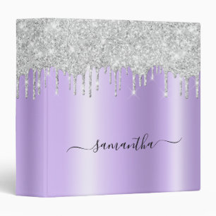 Silver Glitter Drips Lavender Shimmer Glam Name 3 Ring Binder