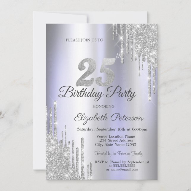  Silver Glitter Drips Light Purple 25th Birthday   Invitation (Front)