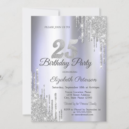  Silver Glitter Drips Light Purple 25th Birthday   Invitation