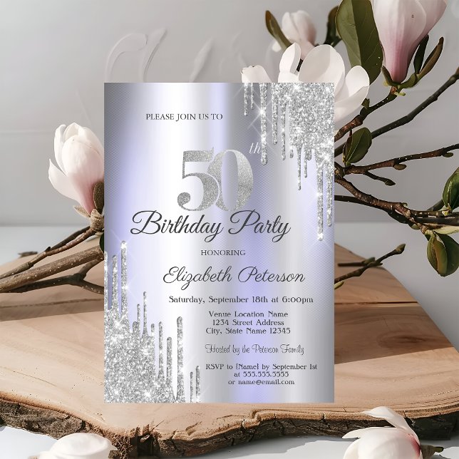  Silver Glitter Drips Light Purple 50th Birthday   Invitation (Creator Uploaded)