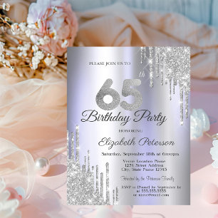 Silver Glitter Drips Light Purple 65th Birthday Invitation