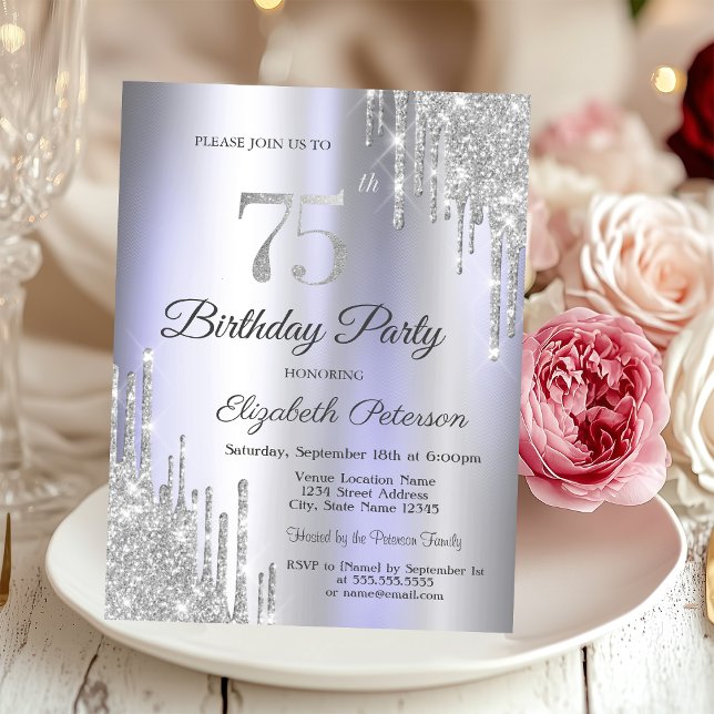  Silver Glitter Drips Light Purple 75th Birthday   Invitation (Creator Uploaded)
