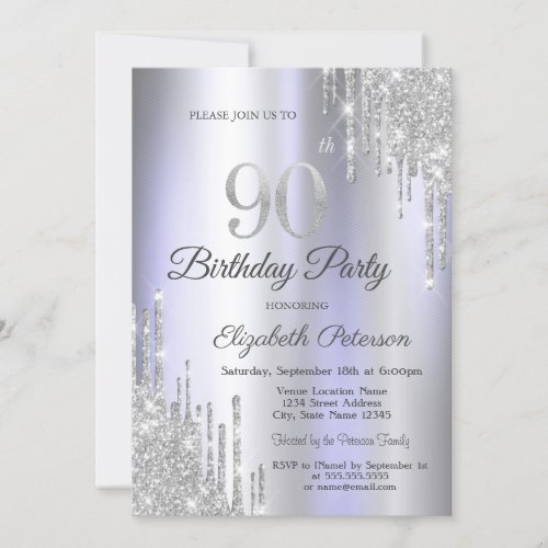  Silver Glitter Drips Light Purple 90th Birthday   Invitation