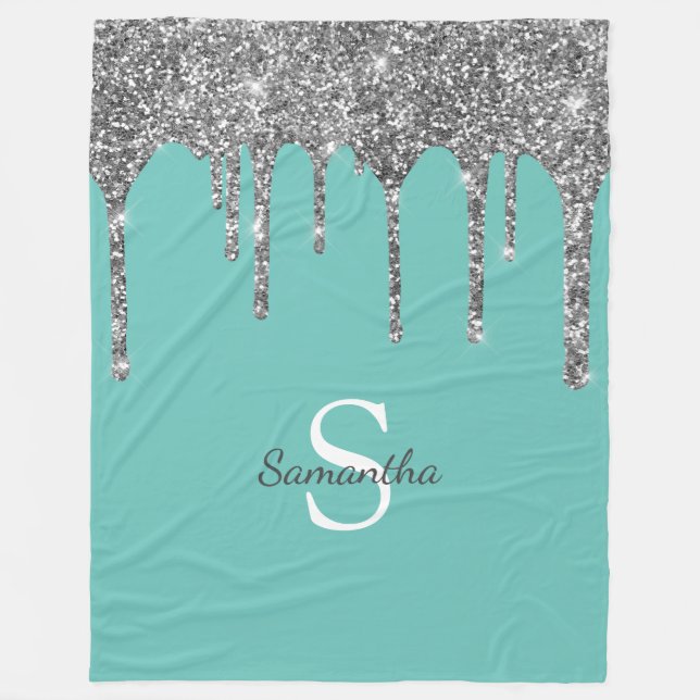 Silver Glitter Drips Light Teal Monogram Name Fleece Blanket (Front)