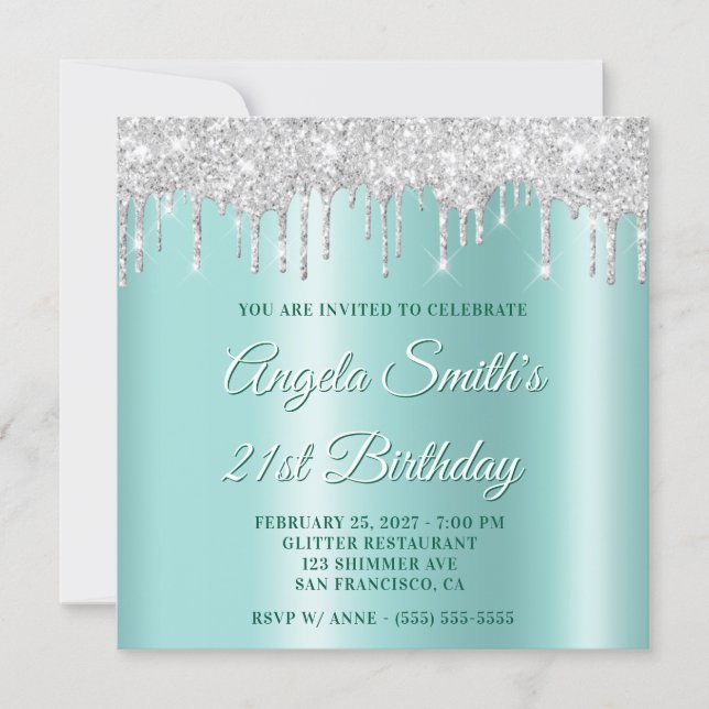Silver Glitter Drips Light Teal Ombre Drop Shadow Invitation (Front)