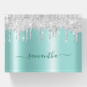 Silver Glitter Drips Light Teal Shimmer Glam Name Paperweight
