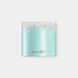 Silver Glitter Drips Light Teal Shimmer Post-it Notes
