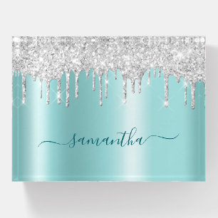Silver Glitter Drips Light Turquoise Shimmer Name Paperweight