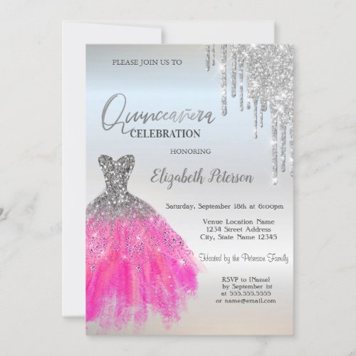 Silver Glitter DripsLuxury Dress Quinceanera Invitation