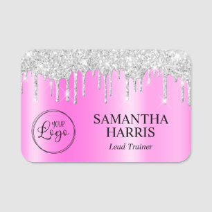 Silver Glitter Drips Magenta Shimmer Name Tag