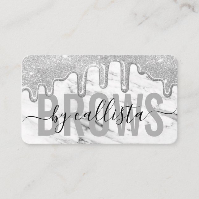Silver Glitter Drips Marble Eyebrow Artist Business Card (Front)