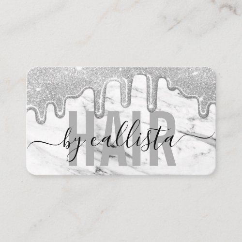 Silver Glitter Drips Marble Hair Stylist Business Card