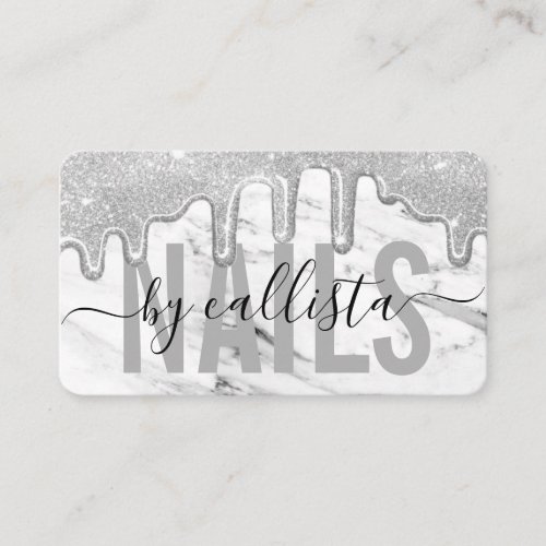 Silver Glitter Drips Marble Nail Artist Business Card