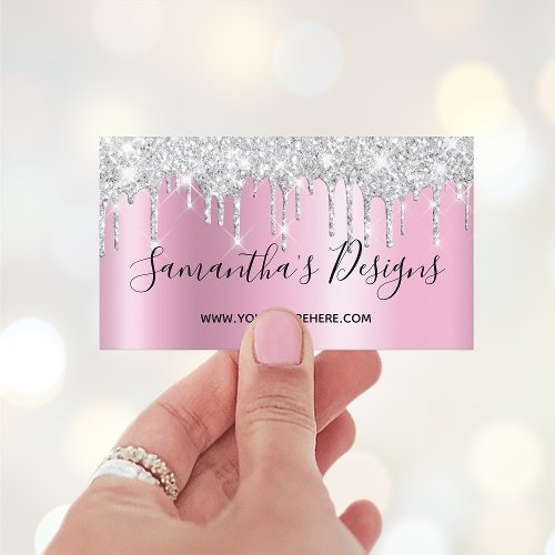 Silver Glitter Drips Mauve Pink Ombre Online Store Business Card