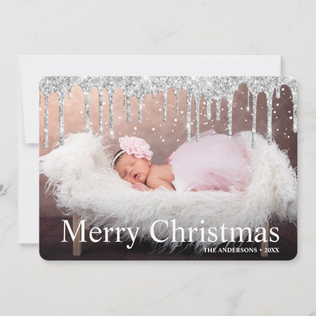 Silver Glitter Drips Merry Christmas Photo  Holiday Card (Front)