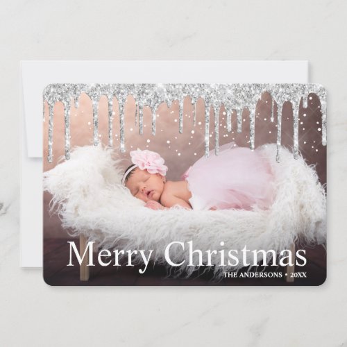 Silver Glitter Drips Merry Christmas Photo  Holiday Card
