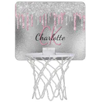 Pink Rose Gold Glitter & Sparkle Monogram Name Mini Basketball Hoop, Zazzle