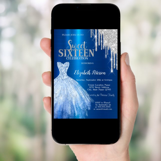 Silver Glitter Drips,Metallic Blue Dress Sweet 16  Invitation (Front Digital)