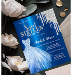 Silver Glitter Drips,Metallic Blue Dress Sweet 16  Invitation