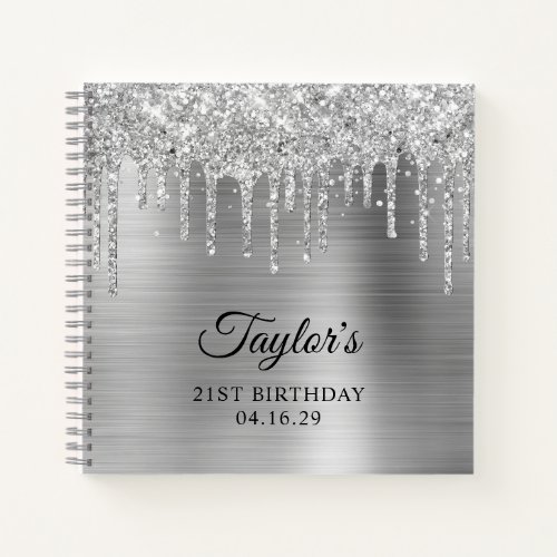 Silver Glitter Drips Metallic Grey 21st Birthday Notebook