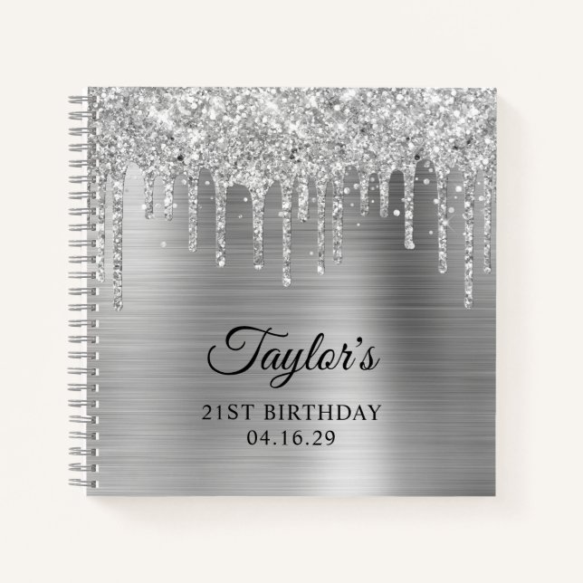 Silver Glitter Drips Metallic Grey 21st Birthday Notebook (Front)