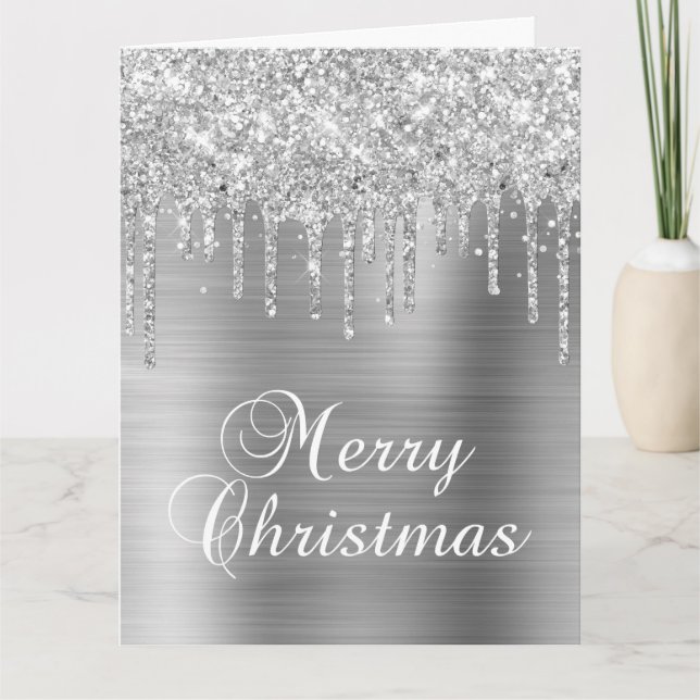 Silver Glitter Drips Metallic Merry Christmas Card (Front)