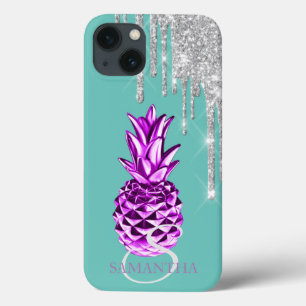 Silver Glitter Drips Metallic Pineapple Green   iPhone 13 Case