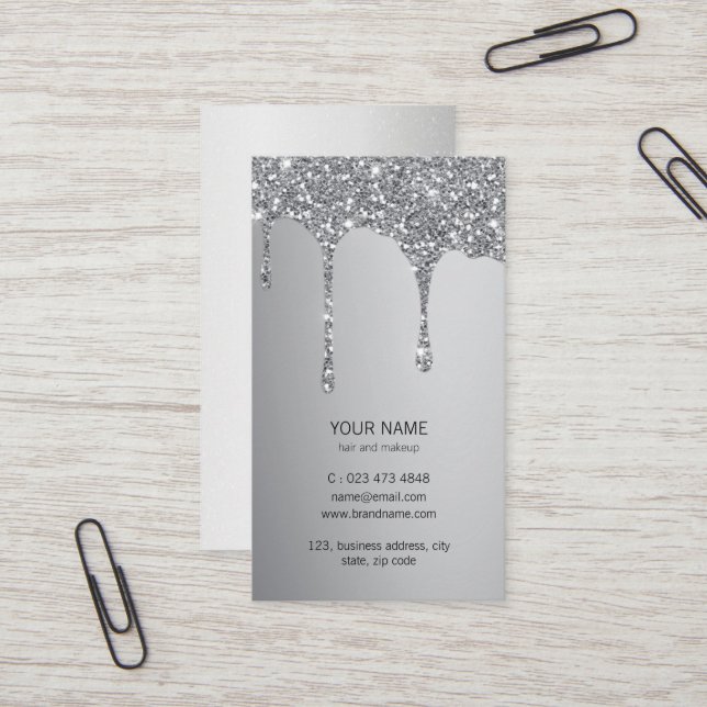 Silver Glitter Drips Metallic Shine Makeup Artist Business Card (Front/Back In Situ)