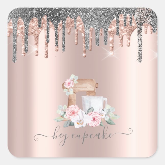  Silver Glitter Drips Mixer Flowers Rose Gold   Square Sticker (Front)
