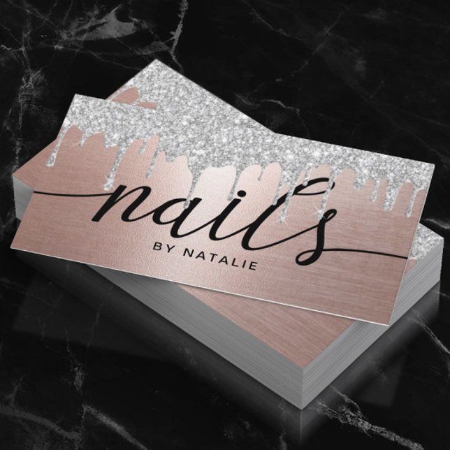 Silver Glitter Drips Modern Rose Gold Nails Business Card (Creator Uploaded)