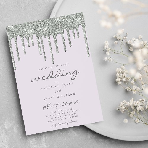 Silver glitter drips modern script lilac wedding invitation