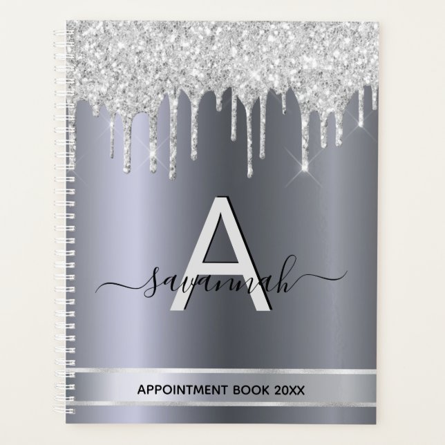 Silver glitter drips monogram appointments planner (Front)