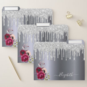 Silver glitter drips monogram burgundy flowers file folder
