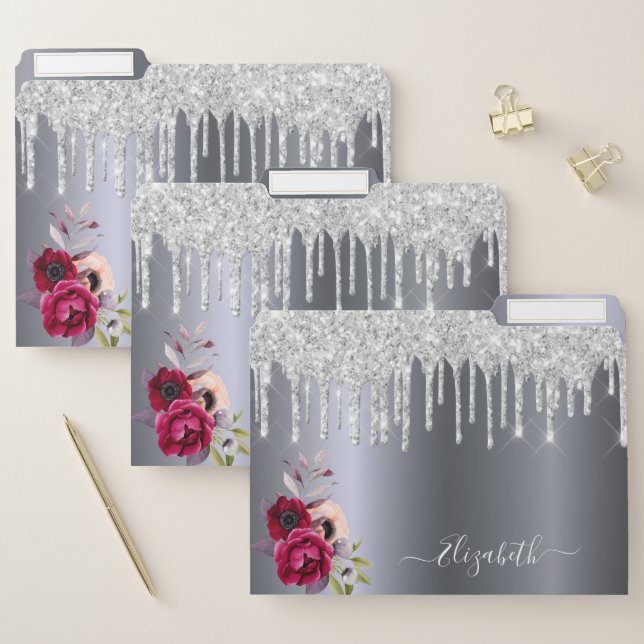 Silver glitter drips monogram burgundy flowers file folder (Set)
