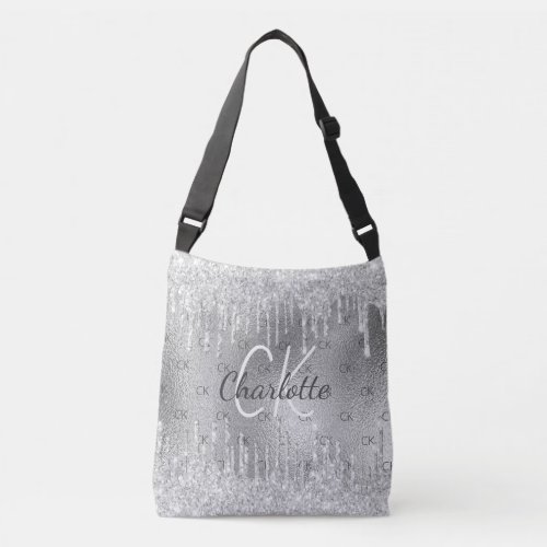 Silver glitter drips monogram  elegant  crossbody bag