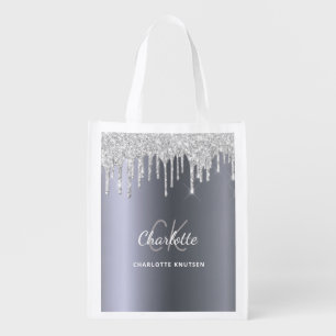 Silver glitter drips monogram initials grocery bag