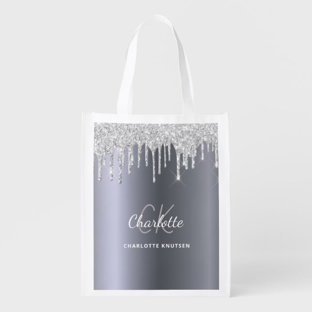 Silver glitter drips monogram initials grocery bag (Front)