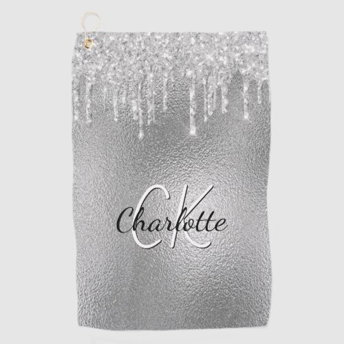 Silver glitter drips monogram initials name golf towel