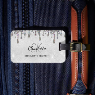Silver glitter drips monogram initials name luggage tag