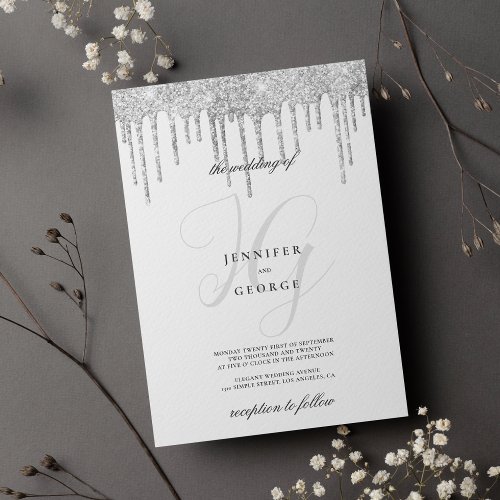 Silver glitter drips monogram initials wedding invitation