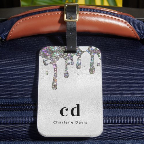 Silver glitter drips monogram name luggage tag