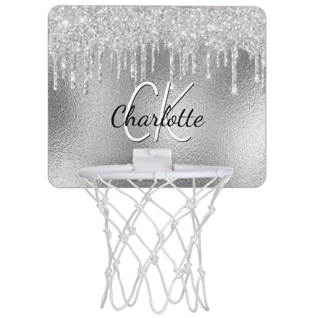 Silver glitter drips monogram name mini basketball hoop (Front)