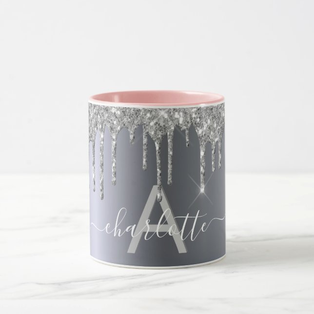 Silver glitter drips monogram name script mug (Center)