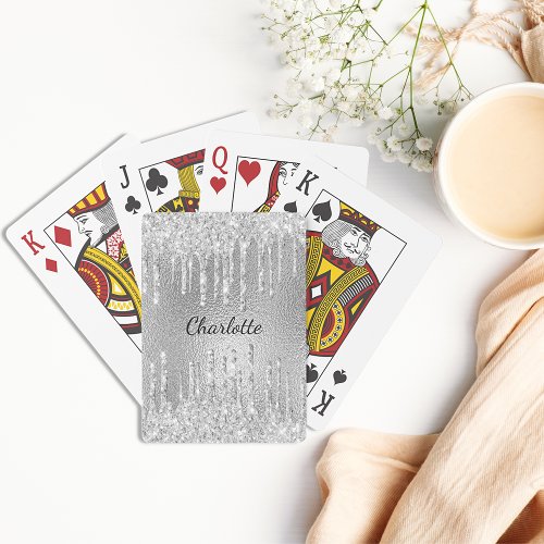 Silver glitter drips monogram name script  poker cards