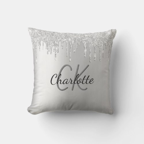 Silver glitter drips monogram name sparkle outdoor pillow