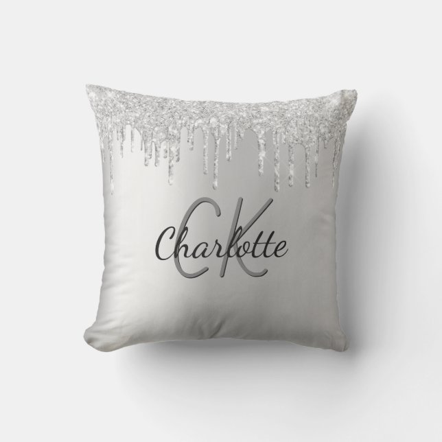Silver glitter drips monogram name sparkle outdoor pillow (Front)