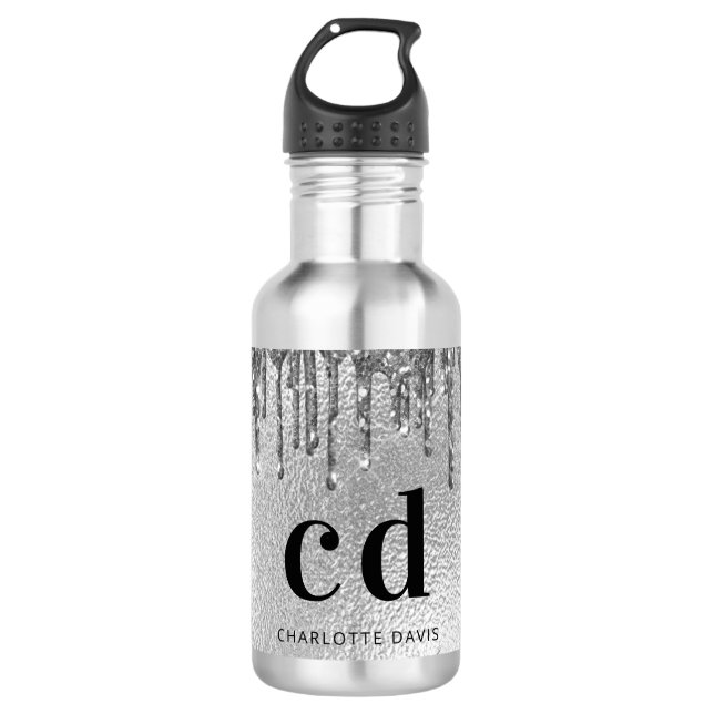 Silver glitter drips monogram name stainless steel water bottle (Front)