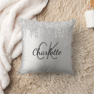 Silver glitter drips monogram name throw pillow
